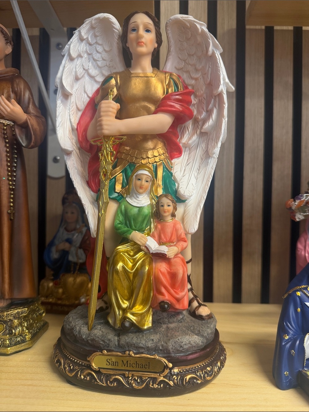 San Michael Angel Statue with Gold, White, Red and Green Accents